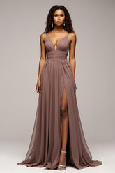 Dusk V-Ausschnitt A Linie Langes Abendkleid mit Schlitz